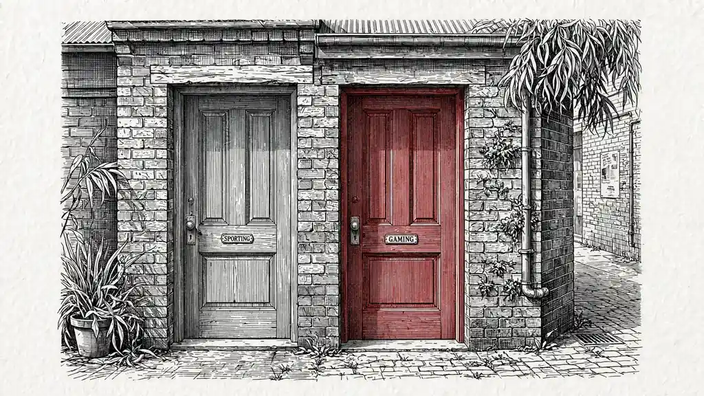 Two contrasting doors illustrating a legal divide between wagering and casino games.